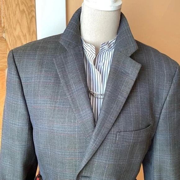 VINTAGE Hyde Park Gray Wool & Silk Plaid Blazer Size 40S - Picture 5 of 16
